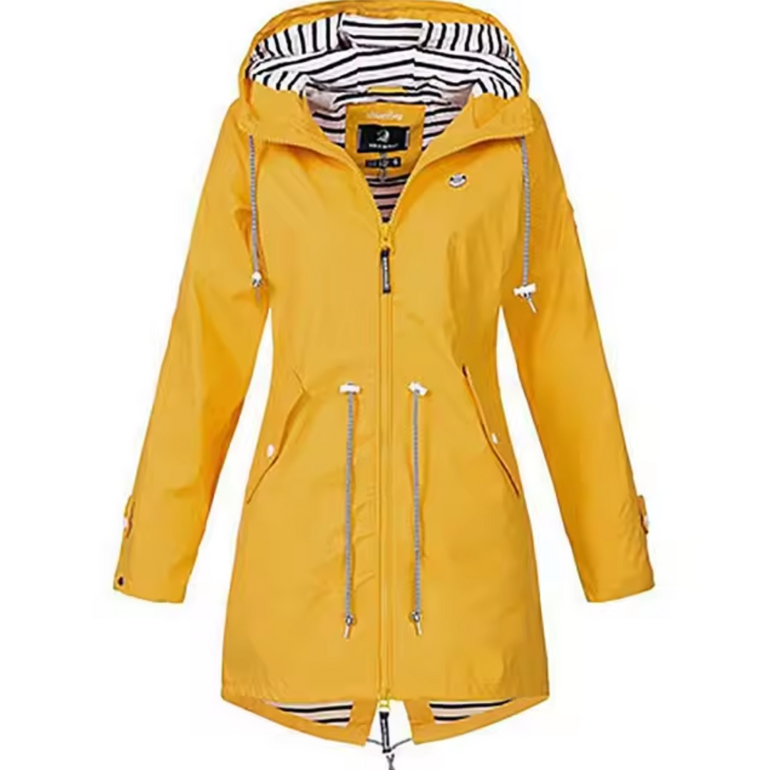 "Manteau Daria bleu, imperméable avec capuche, design élégant pour femmes, parfait pour jours de pluie"