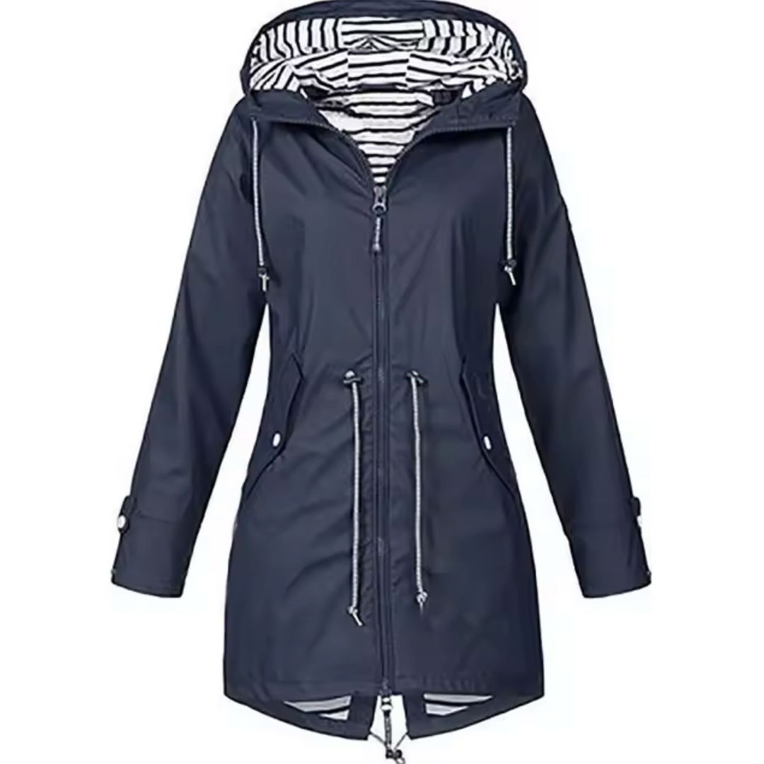 "Manteau Daria bleu, imperméable avec capuche, design élégant pour femmes, parfait pour jours de pluie"