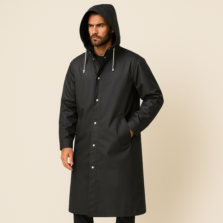 Manteau de pluie long noir homme imperméable et respirant avec capuche, idéal protection hiver et automne.