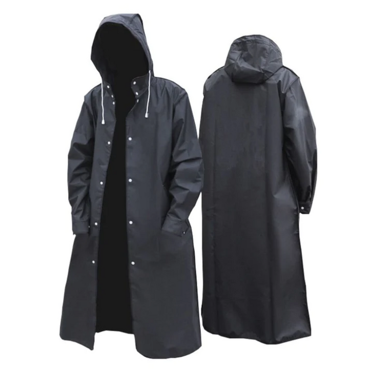 Trench parka noir homme long et élégant, coupe-vent imperméable avec capuche pour la mode et les intempéries.