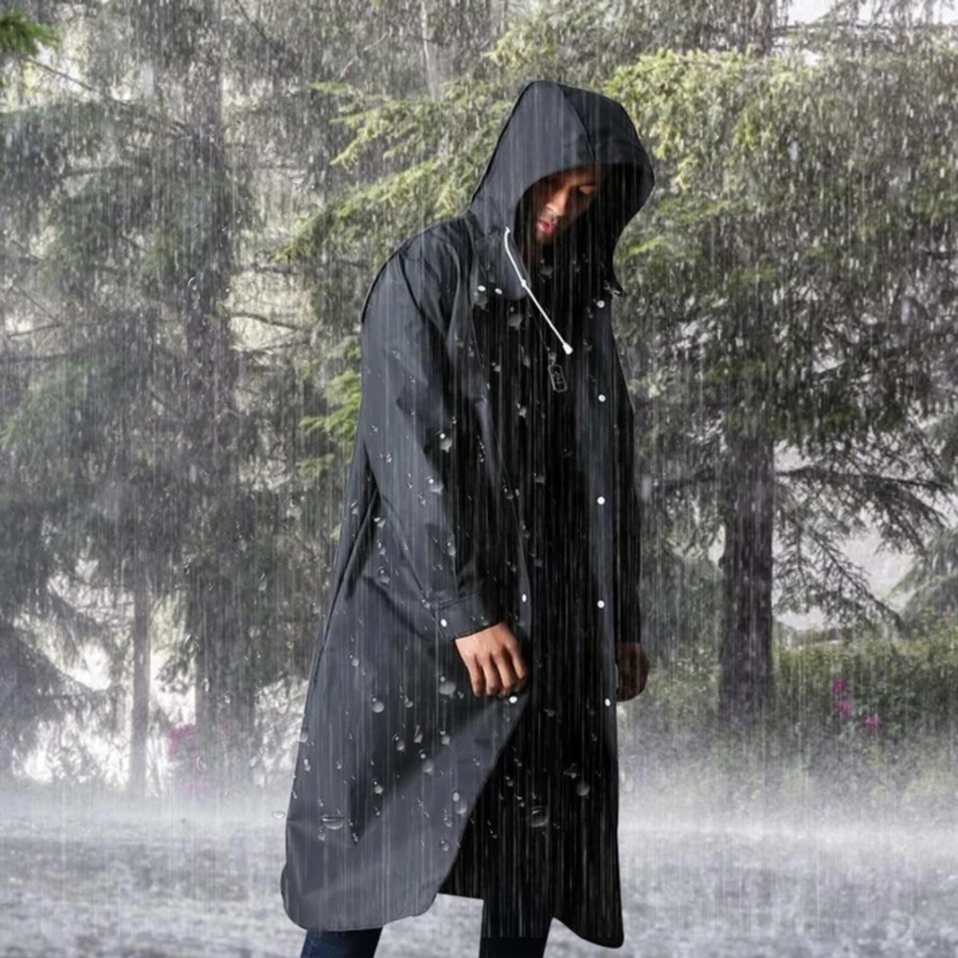 Vêtement de pluie homme long noir, protection imperméable respirante et coupe-vent avec capuche contre les intempéries.