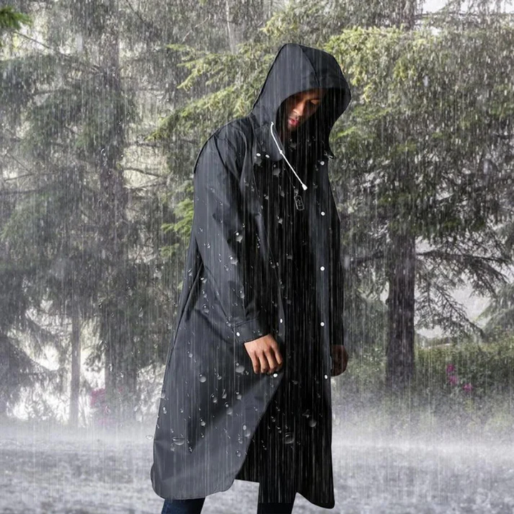 Vêtement de pluie homme long noir, protection imperméable respirante et coupe-vent avec capuche contre les intempéries.