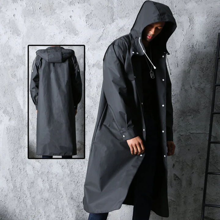 Manteau de pluie homme noir long, respirant et imperméable. Idéal pour l'hiver et l'automne, protège du vent et de la pluie.