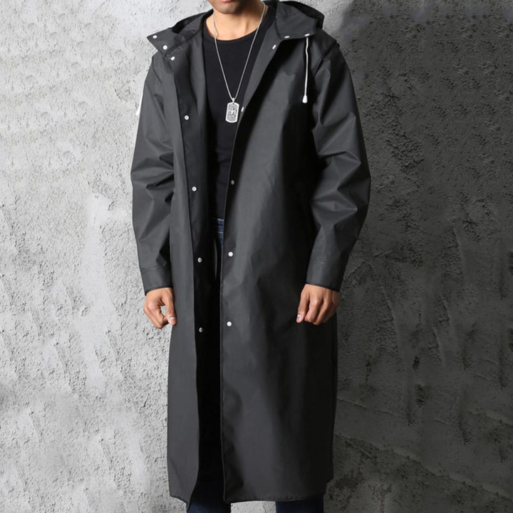 Parka coupe-vent noire homme, manteau de pluie long imperméable avec capuche. Protection élégante pour l'automne et l'hiver.