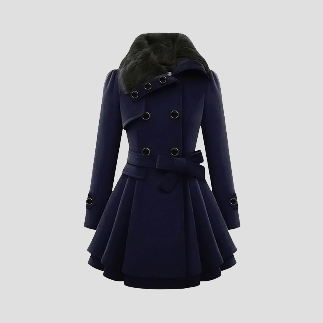 "Manteau d'hiver cintré femme, vue de face, avec col fausse fourrure et détail double boutonnage élégant."