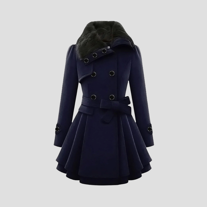 "Manteau d'hiver cintré femme, vue de face, avec col fausse fourrure et détail double boutonnage élégant."