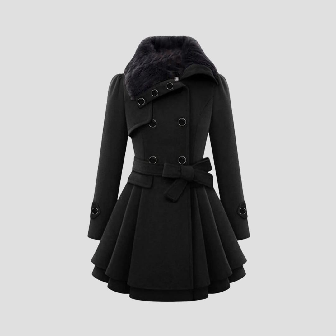 "Manteau d'hiver cintré femme, vue de face, avec col fausse fourrure et détail double boutonnage élégant."