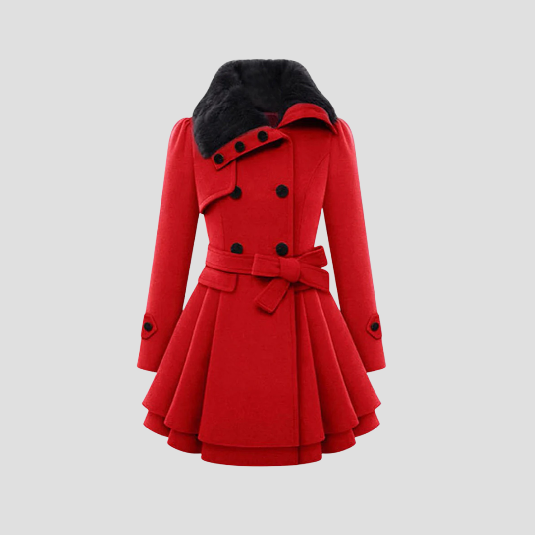 "Manteau d'hiver cintré femme, vue de face, avec col fausse fourrure et détail double boutonnage élégant."