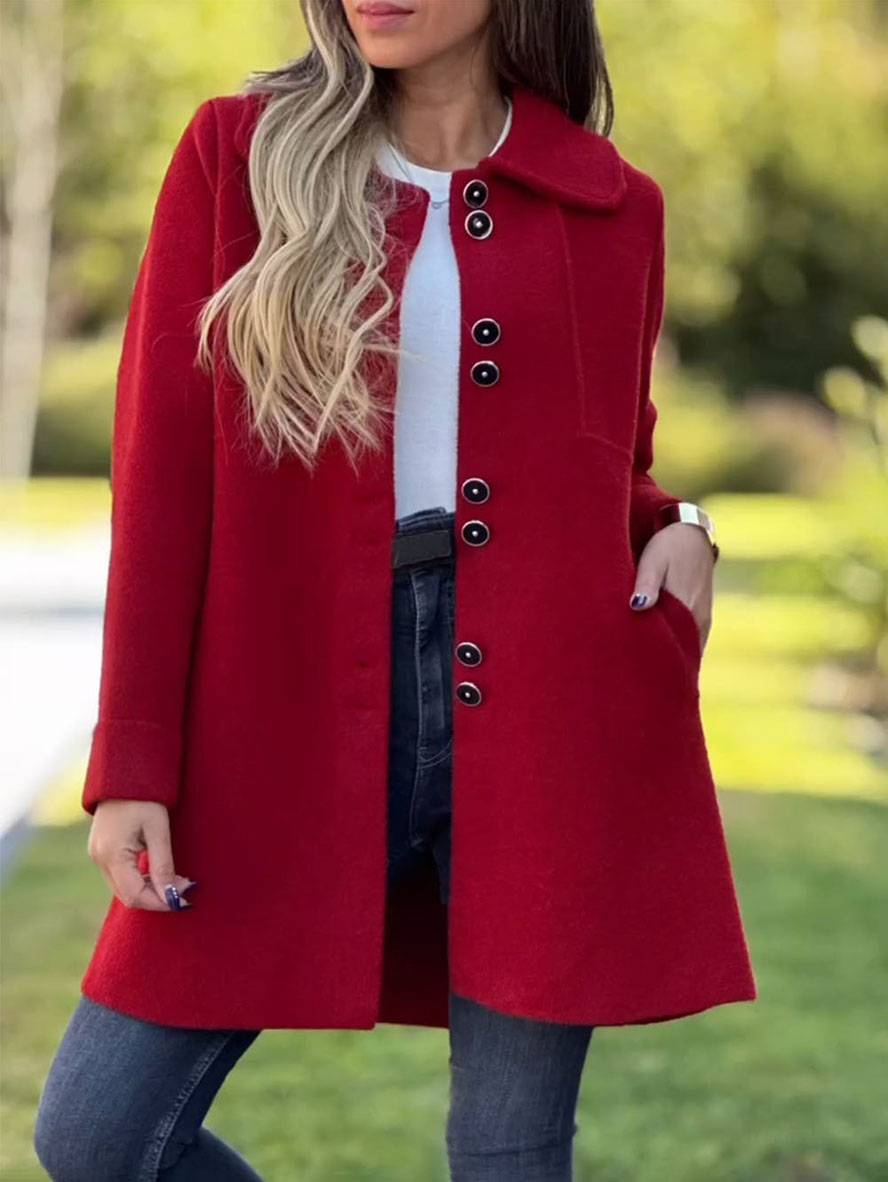 Manteau d'hiver élégant pour femmes, col classique, couleur bleu marine, boutons élégants, chic et chaud pour l'hiver.