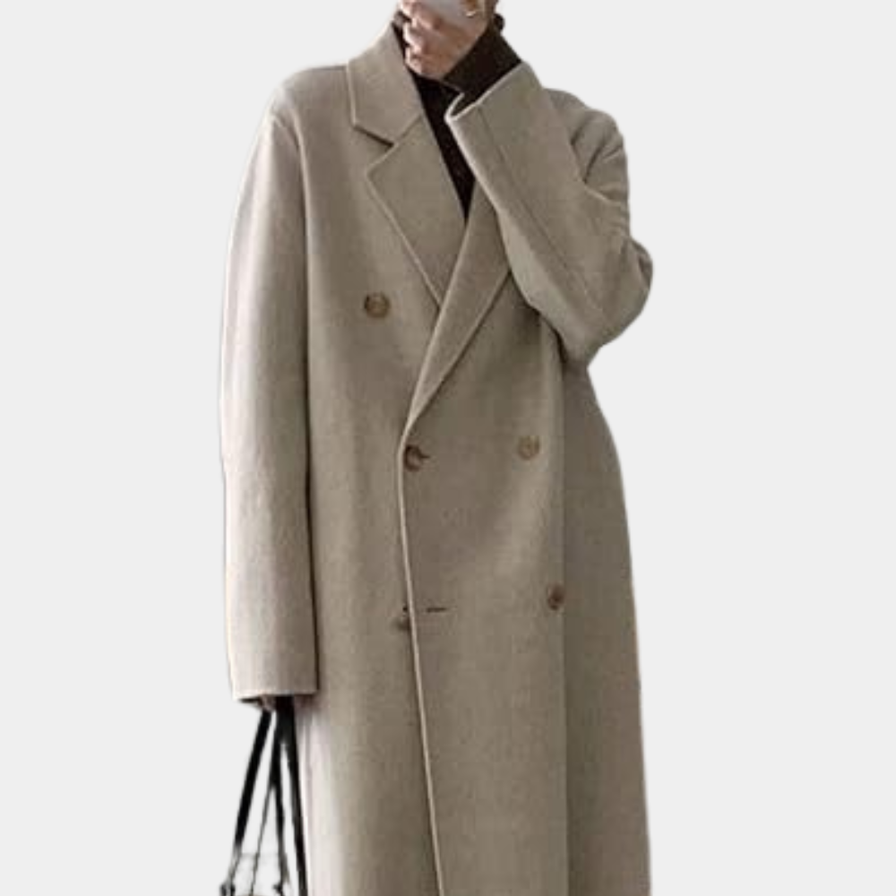 "Manteau d'hiver long marron beige pour femmes, double boutonnage élégant, chaud et confortable"