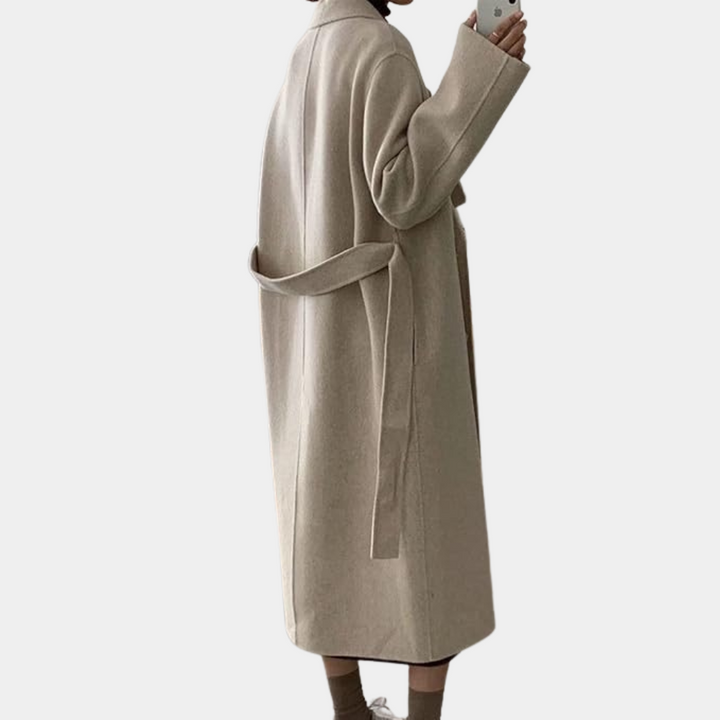 "Manteau d'hiver long marron beige pour femmes, double boutonnage élégant, chaud et confortable"