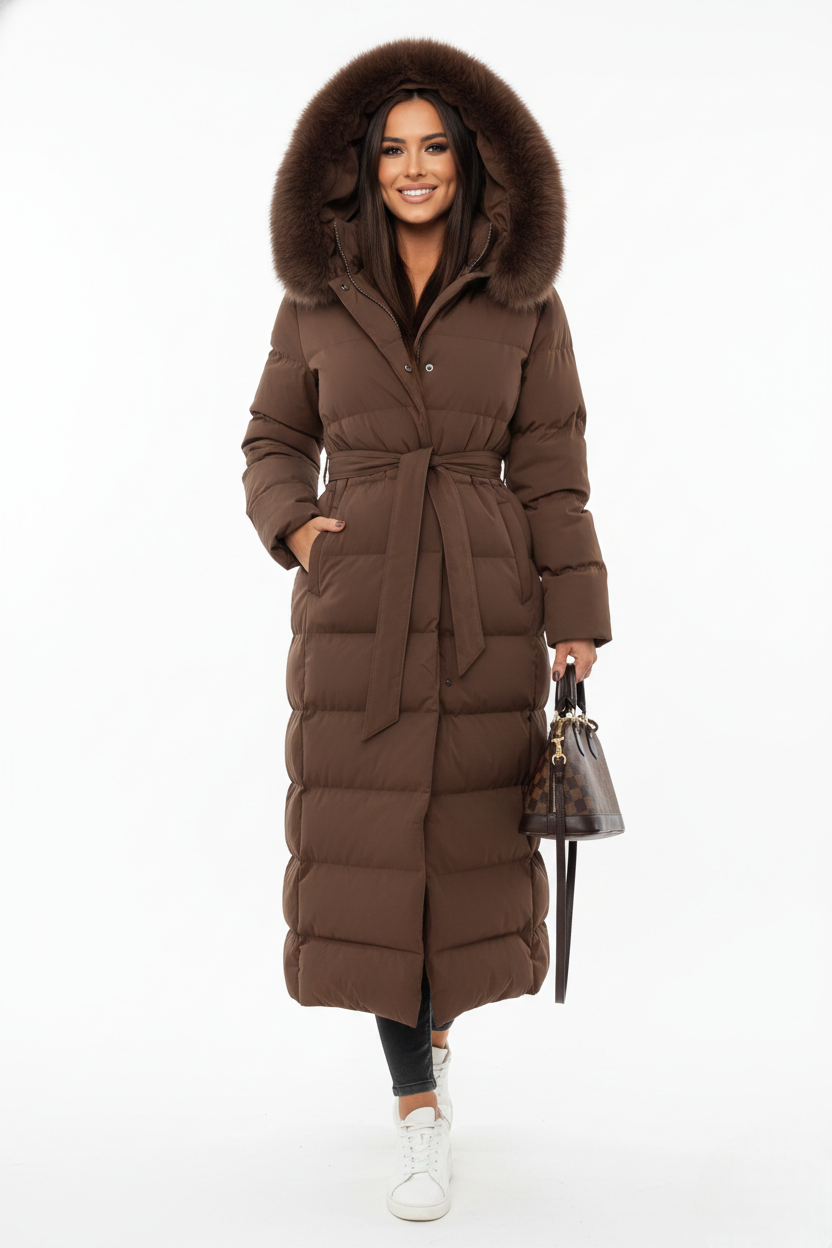 Manteau doudoune longue femme, élégant et chaud, avec ceinture et col en fausse fourrure pour l'hiver.