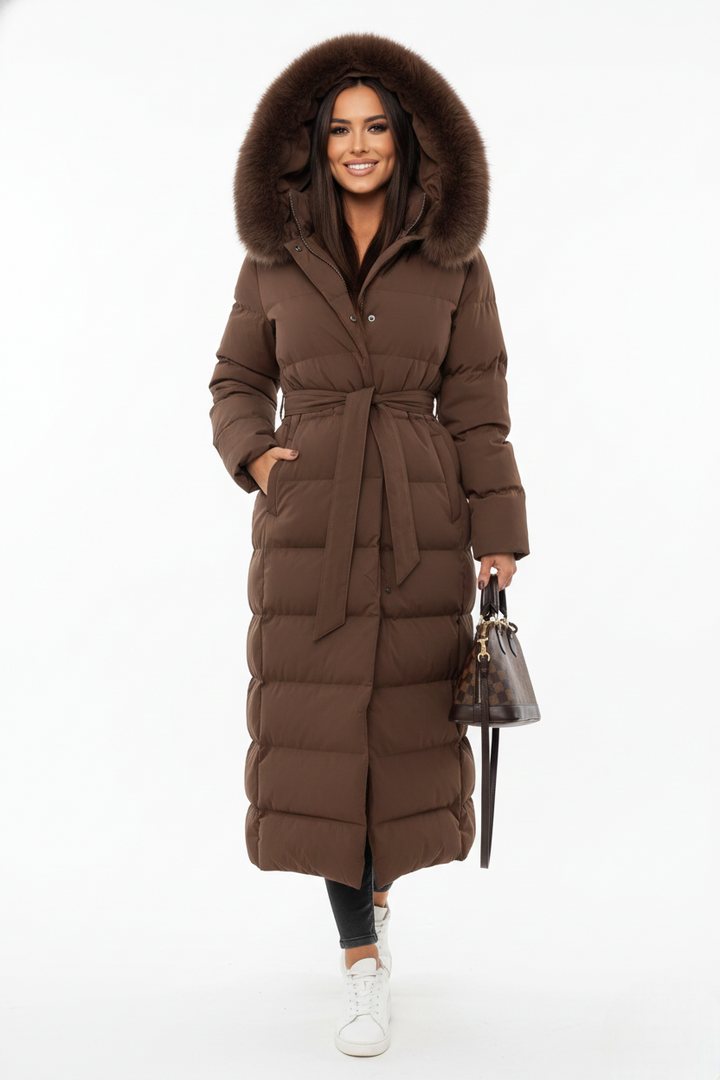 Manteau doudoune longue femme, élégant et chaud, avec ceinture et col en fausse fourrure pour l'hiver.