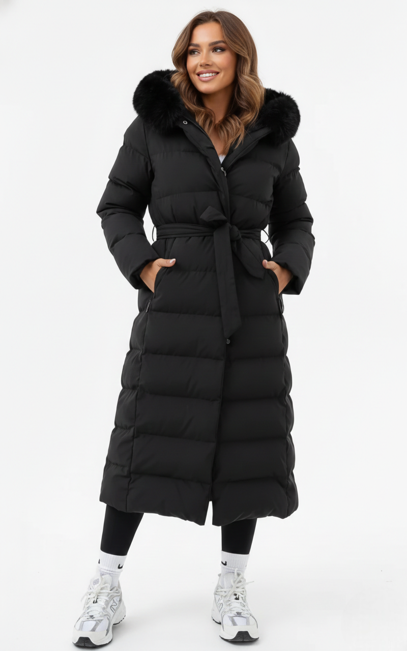 Veste longue doudoune femme mode, idéale pour un hiver chic et confortable. Ceinture ajustée et coupe élégante.