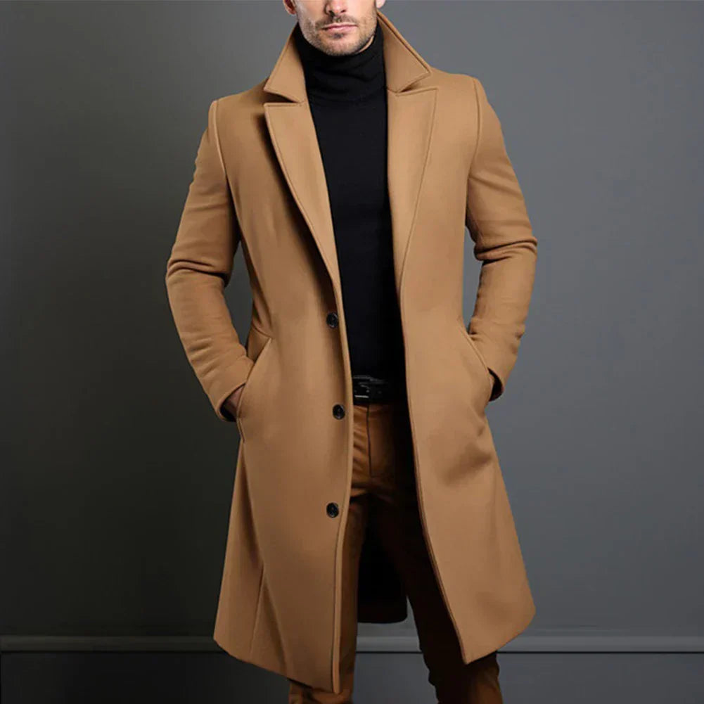 "Manteau en laine homme élégant, couleur beige, coupe classique à col revers et boutons, idéal pour chaleur et style hivernau