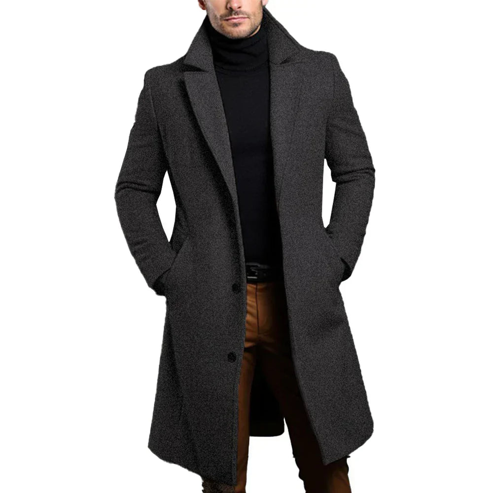 "Manteau en laine homme élégant, couleur beige, coupe classique à col revers et boutons, idéal pour chaleur et style hivernau
