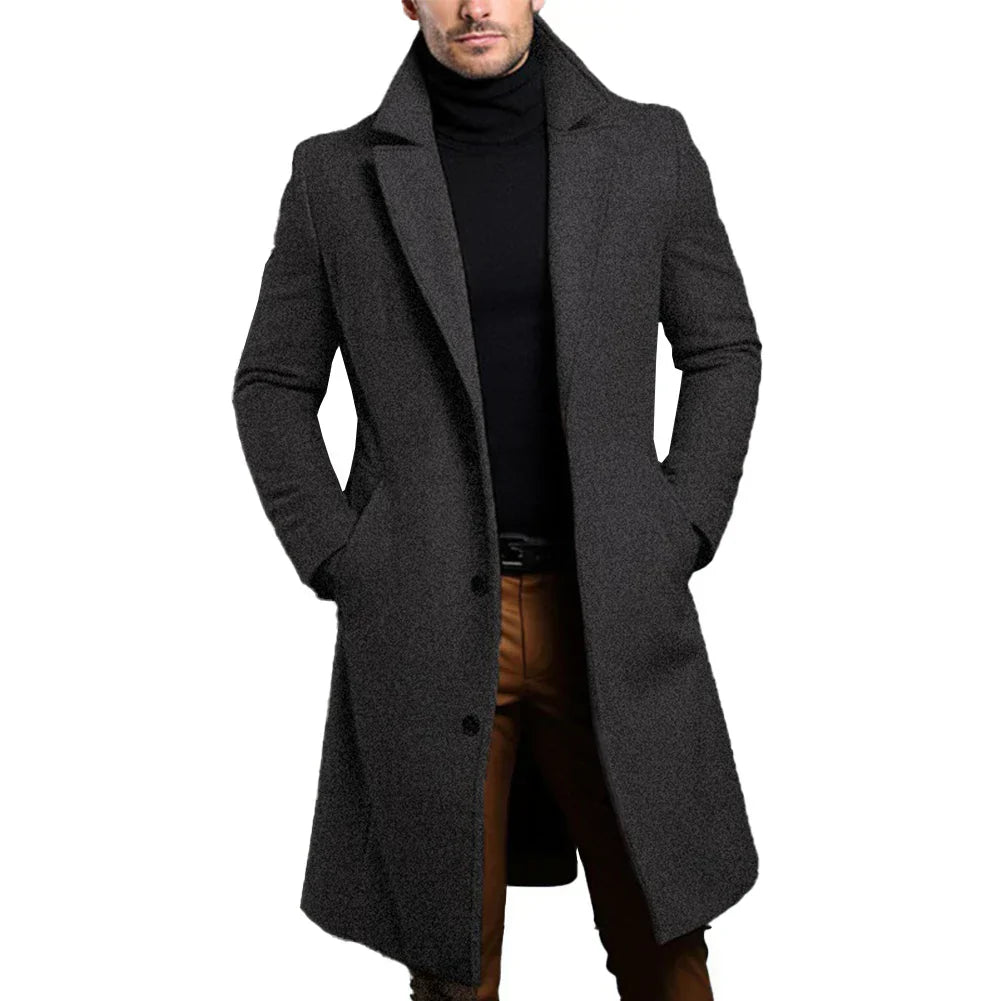 "Manteau en laine homme élégant, couleur beige, coupe classique à col revers et boutons, idéal pour chaleur et style hivernau
