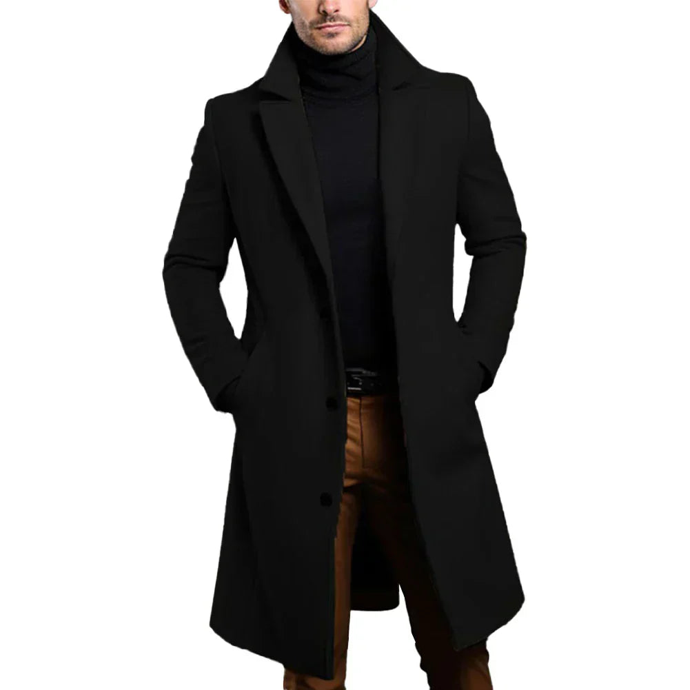 "Manteau en laine homme élégant, couleur beige, coupe classique à col revers et boutons, idéal pour chaleur et style hivernau