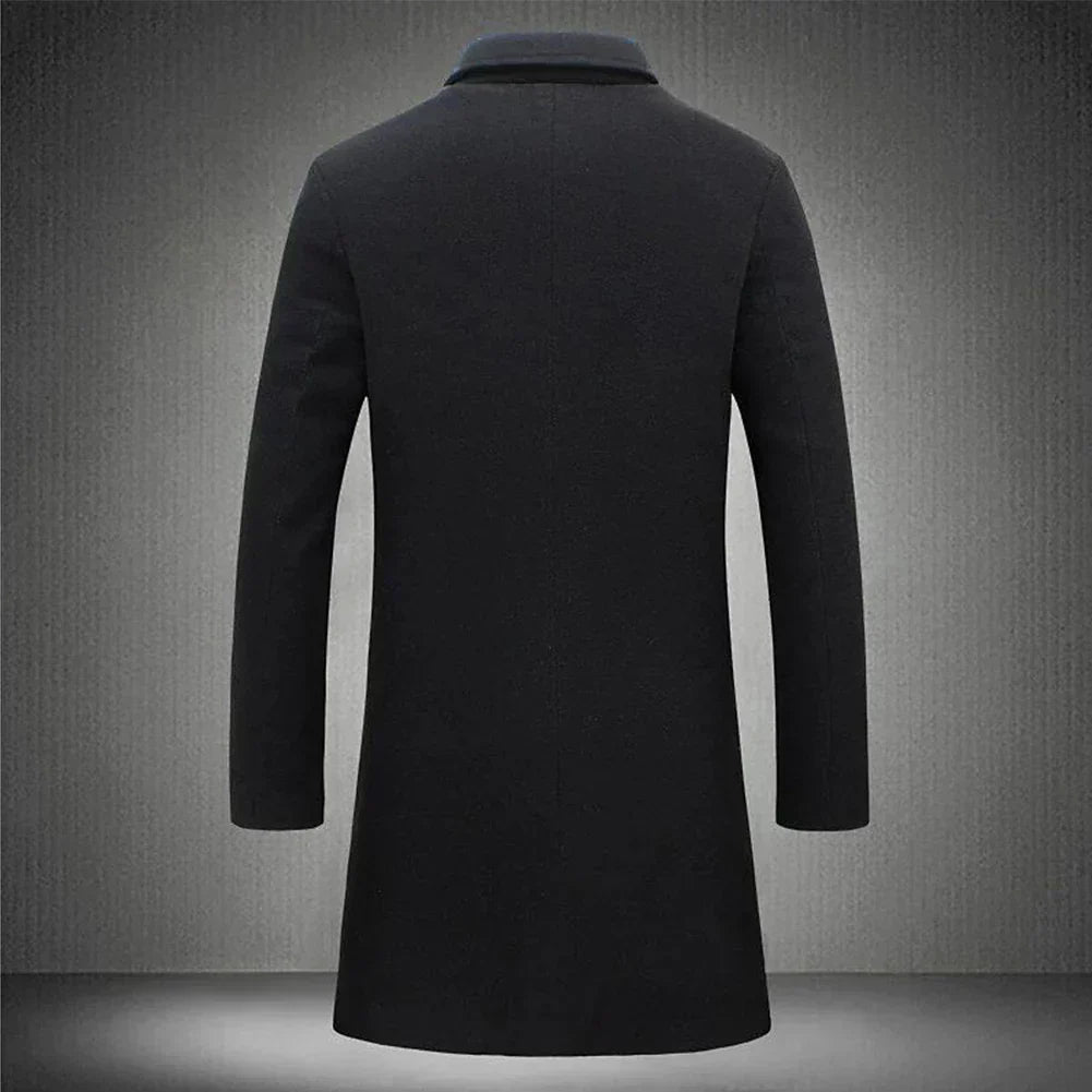 "Manteau en laine homme élégant, couleur beige, coupe classique à col revers et boutons, idéal pour chaleur et style hivernau