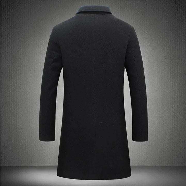 "Manteau en laine homme élégant, couleur beige, coupe classique à col revers et boutons, idéal pour chaleur et style hivernau