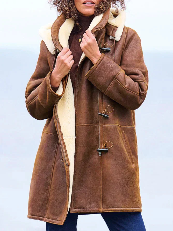 Manteau femme d'hiver Leia marron avec capuche, style élégant et décontracté. Offre chaleur et mode pour le quotidien.
