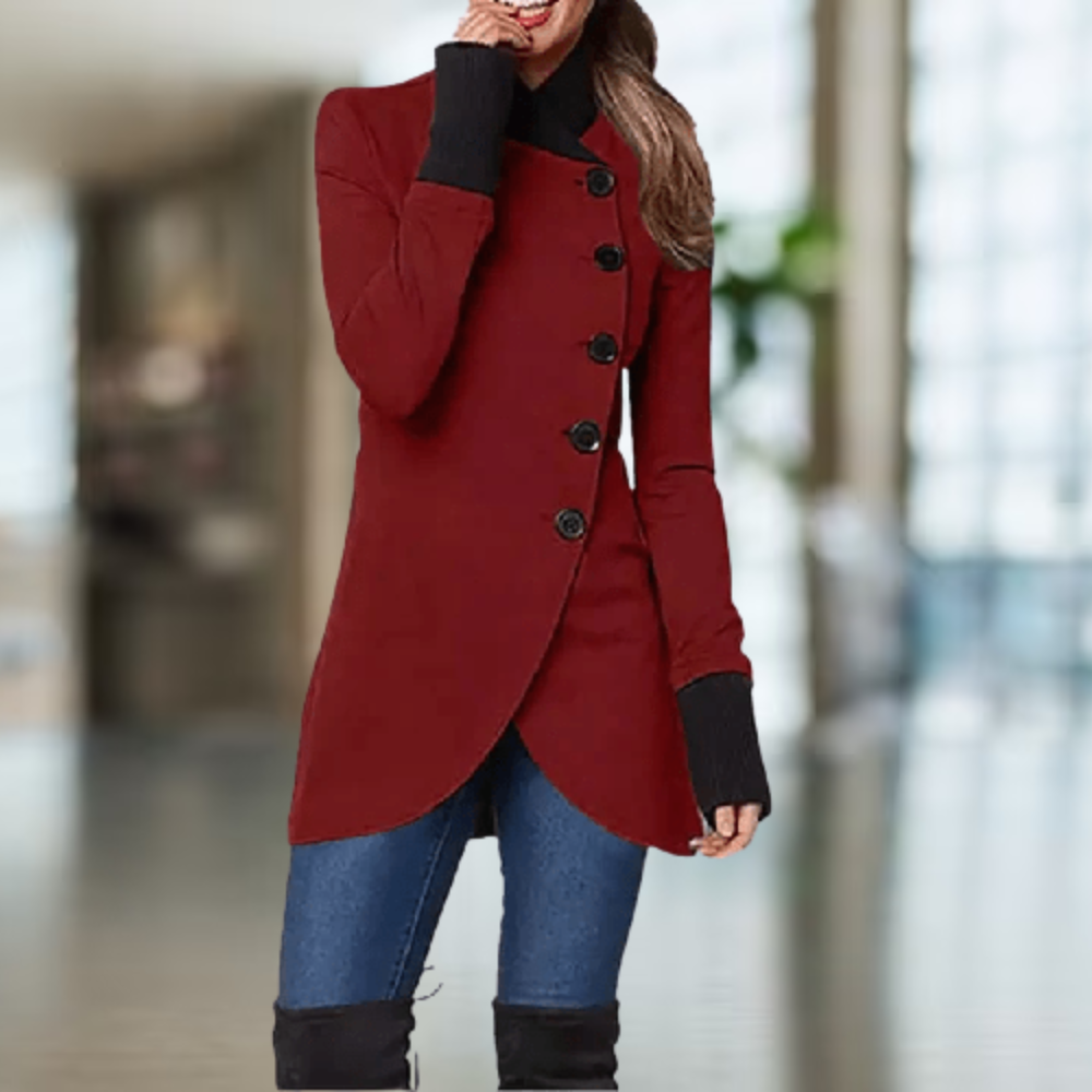 Manteau femme élégant et chaud pour l'hiver. Sa coupe asymétrique moderne offre confort et style quotidien.