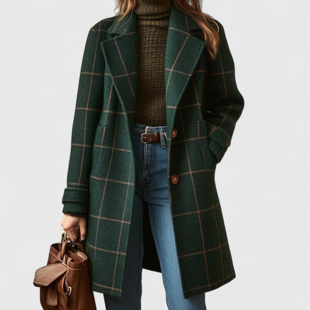 Manteau femme élégant à carreaux vert foncé, parfait pour l'hiver. Veste chic et tendance.
