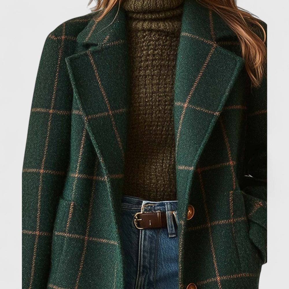 Veste manteau femme à carreaux chic et confortable, style classique pour l'hiver. Vert foncé.
