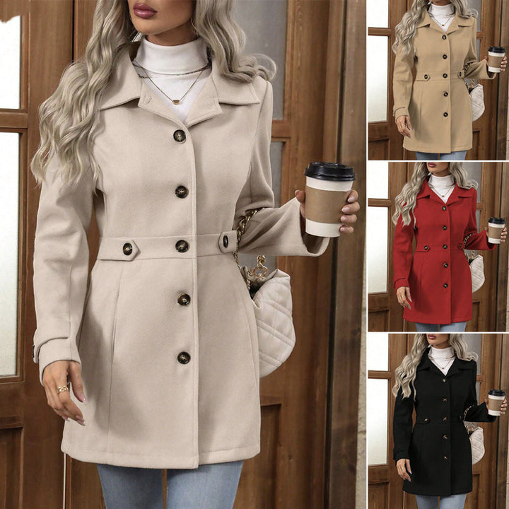 Manteau femme élégant, mi-long, revers, boutonnage simple. Parfait pour l'hiver et la mode automne-hiver.
