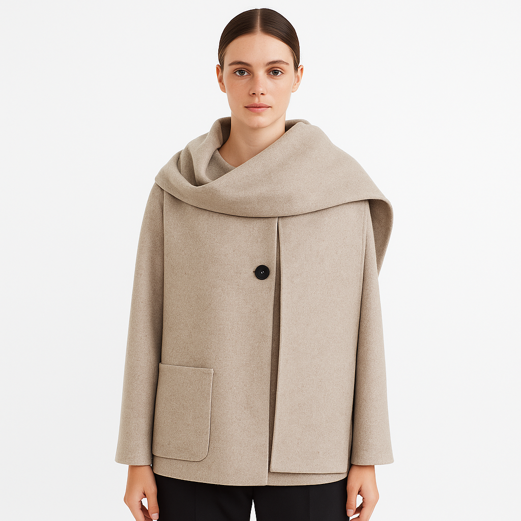 Manteau femme élégant style français, col enveloppant, parfait pour l'hiver chic et tendance.