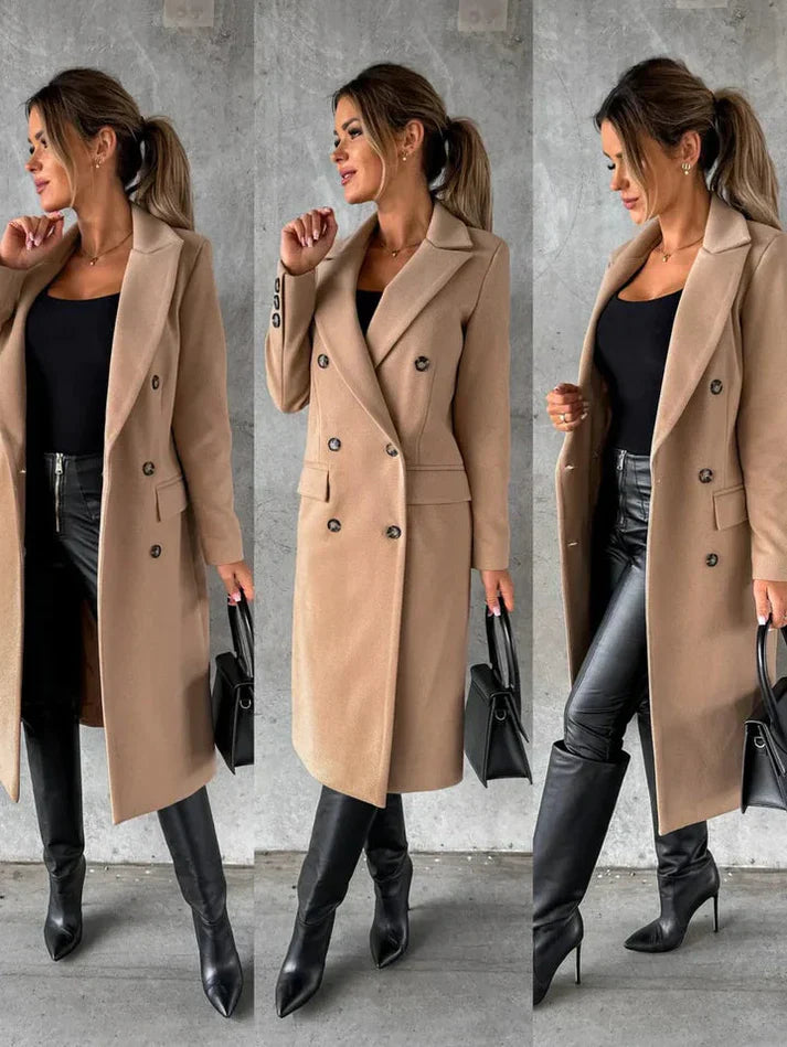 Manteau femme mi-saison chaud et raffiné, design moderne, offrant chaleur et élégance pour l'hiver et l'automne.
