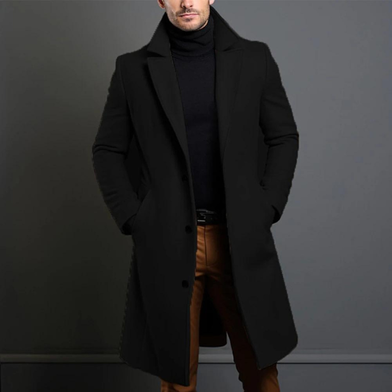 Manteau homme classique noir, coupe droite élégante, parfait pour l'hiver et le vestiaire masculin intemporel.
