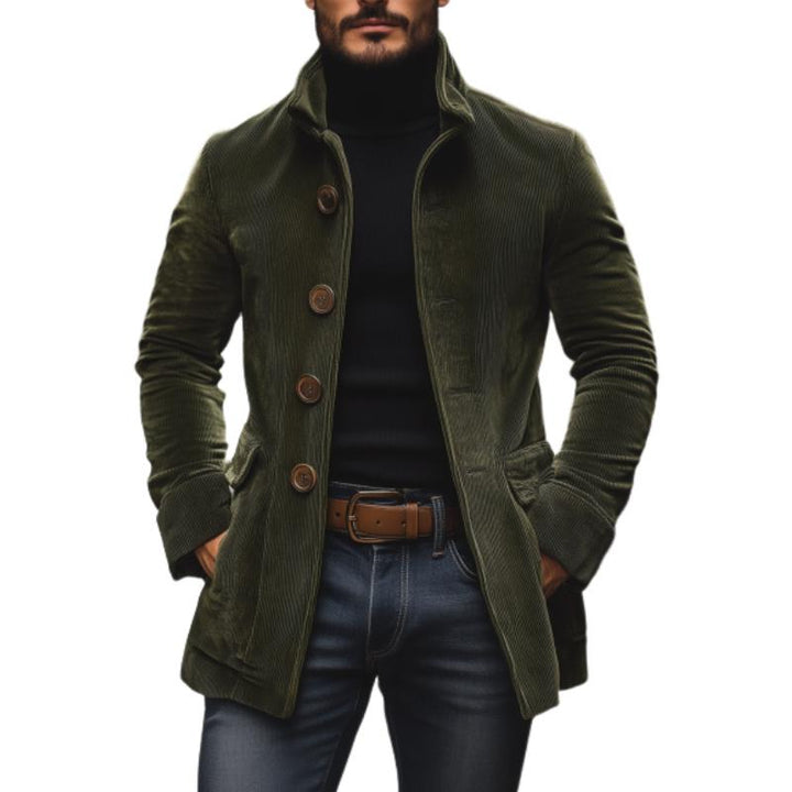 Manteau homme élégant coupe slim, col montant, idéal pour un style chic en automne et hiver.