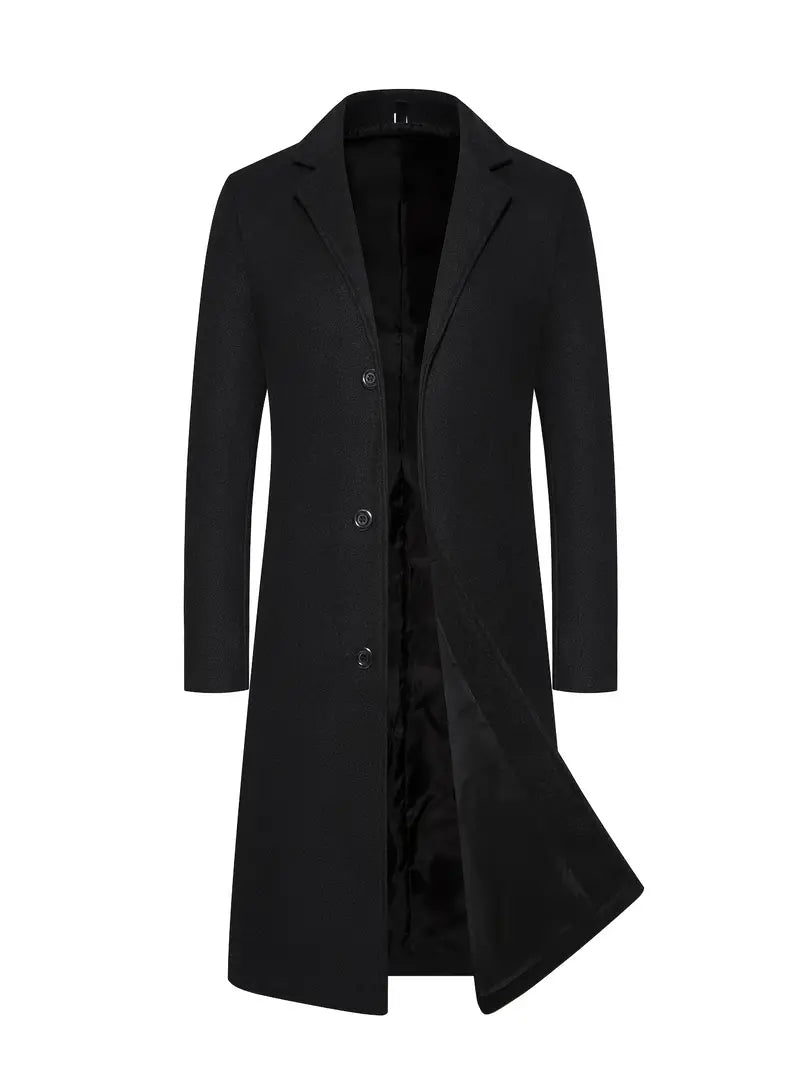 Manteau long ajusté homme noir, élégant et chic pour l'hiver. Vêtement masculin sophistiqué pour la mode automne.