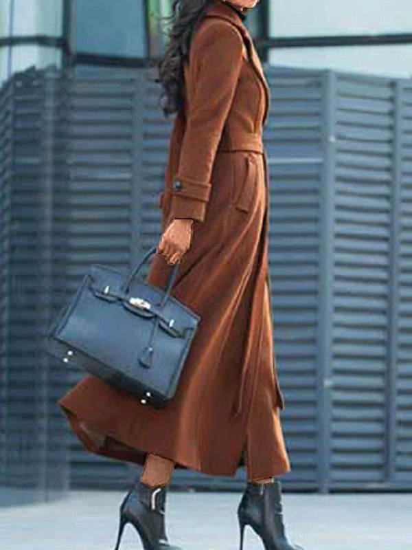 "Manteau long en laine pour femmes avec ceinture, col à revers, élégant et chaud, disponible en marron, noir, rouge, vert."