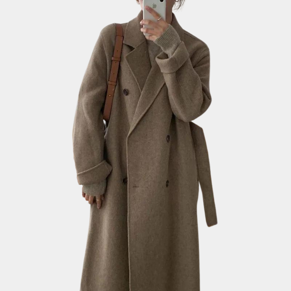 Manteau long femme, coupe élégante et chaude, idéal automne/hiver.  Tissu brun.