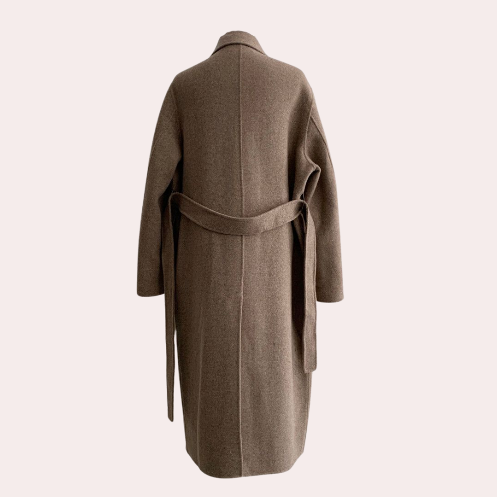 Manteau long femme, coupe élégante et chaude, idéal automne/hiver.  Tissu brun.