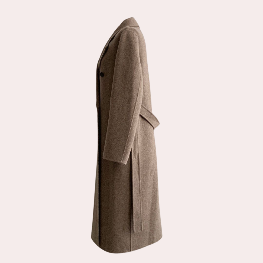 Manteau long femme, coupe élégante et chaude, idéal automne/hiver.  Tissu brun.