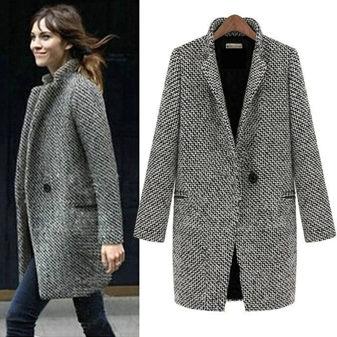 Manteau long femme en tweed élégant, parfait pour un look sophistiqué et chic en hiver. Chaleur et luxe.
