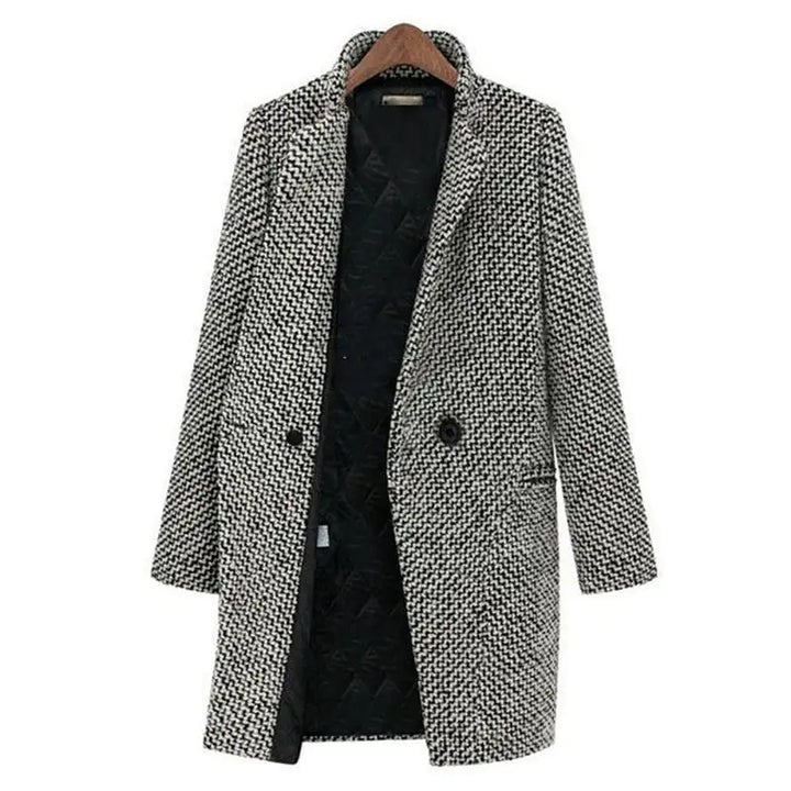 Superbe manteau long femme en tweed, offrant confort et style sophistiqué. Parfait pour la mode hivernale.