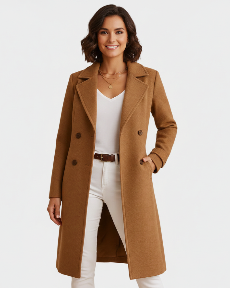 Manteau long femme chaud et sophistiqué pour l'automne et l'hiver. Style élégant et coupe structurée mode.