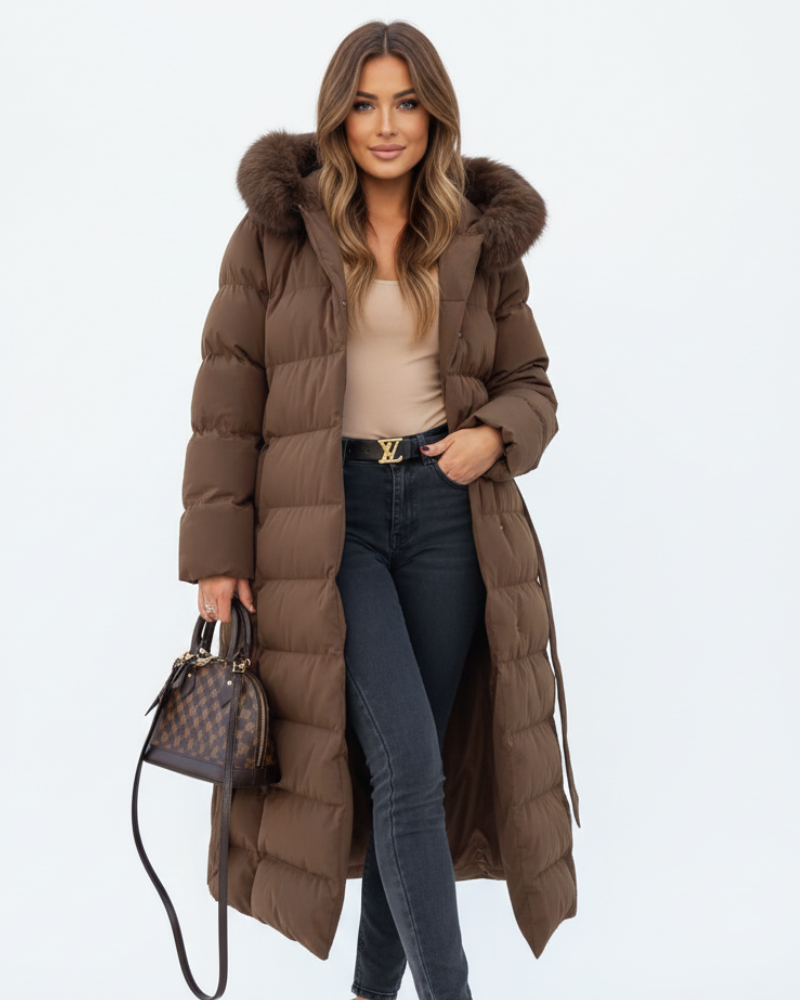 Manteau long hiver femme élégant, déperlant et chaud, idéal pour le froid. Veste féminine coupe-vent à capuche.