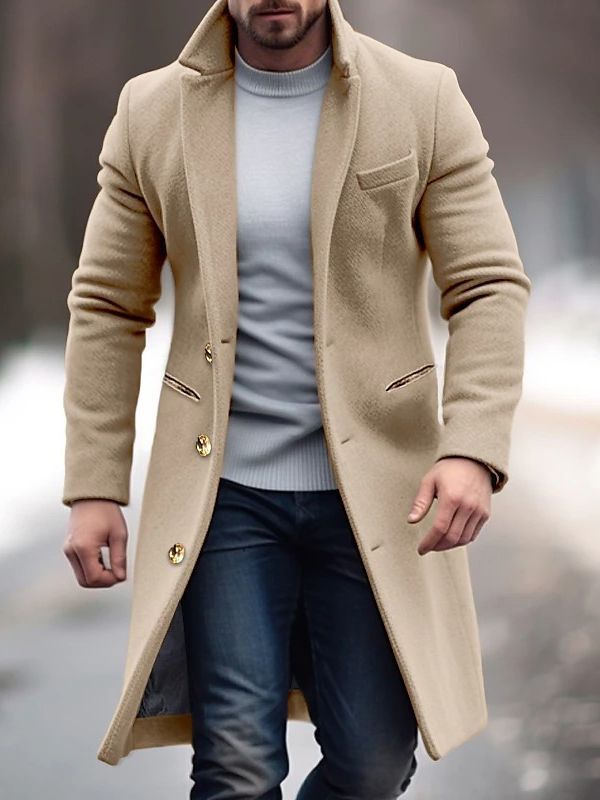 Manteau trench long homme, hiver, noir, élégant, avec boutons et poches. Vêtement extérieur chaud.