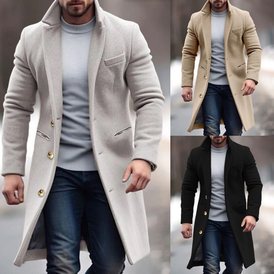 Manteau long homme hiver classique, coupe ajustée, chaud et chic. Parfait pour un style intemporel.