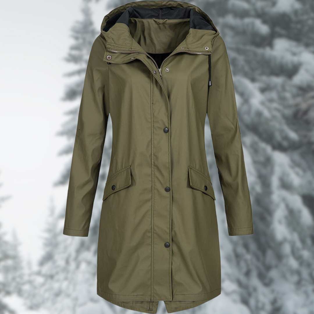 Manteau long imperméable, coupe élégante. Protection pluie optimale.  Mode femme.