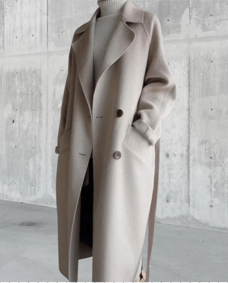 Manteau hiver femme, long et chaud, couleur neutre, parfait pour un look élégant, mode et confortable.