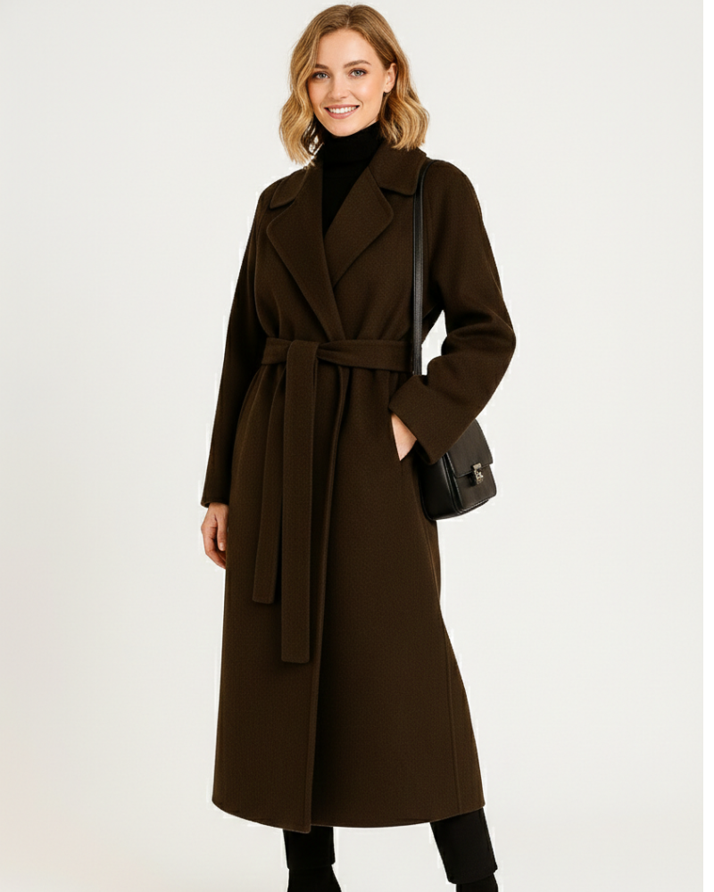 Manteau long élégant Talitha pour femme, coupe classique avec col revers. Idéal pour l'hiver et l'automne.