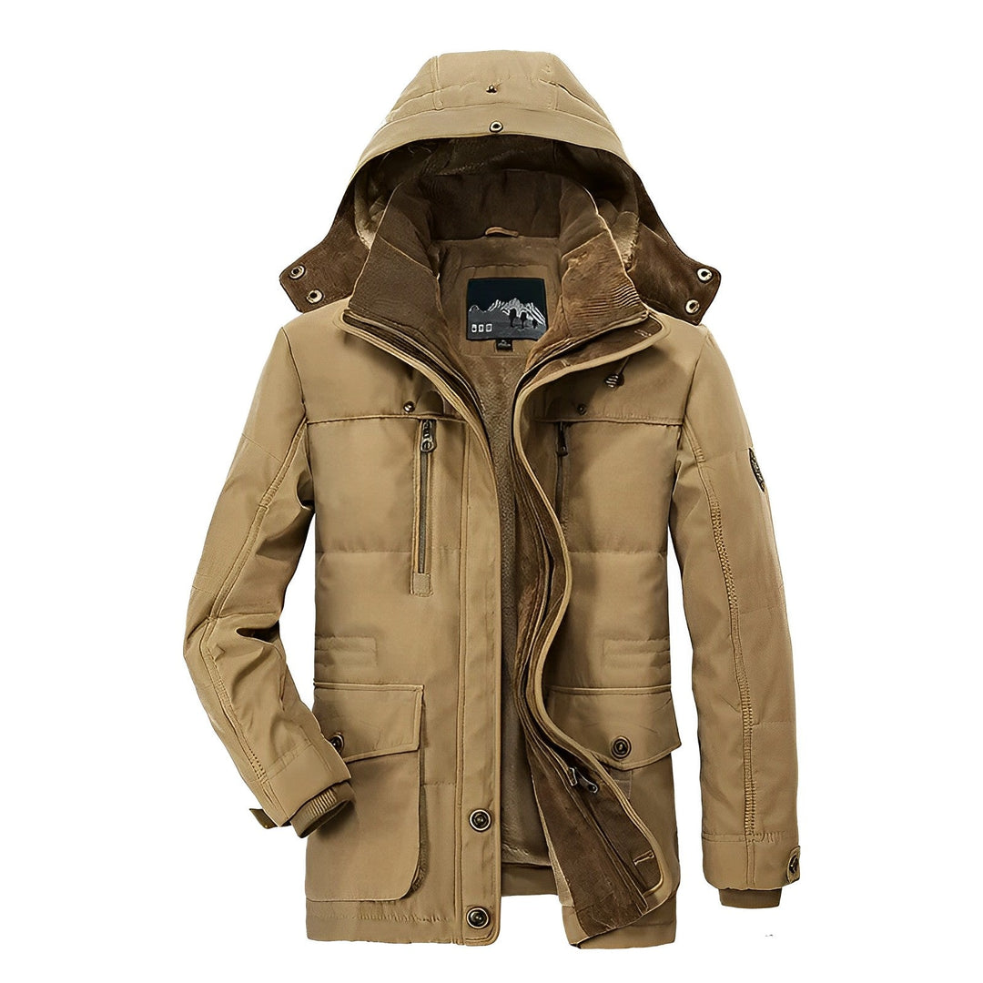 Manteau parka homme classique, couleur neutre, pour protection hivernale et style urbain élégant.