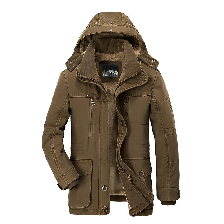 Texture du manteau parka hiver homme, matière résistante offrant chaleur et protection contre le froid.