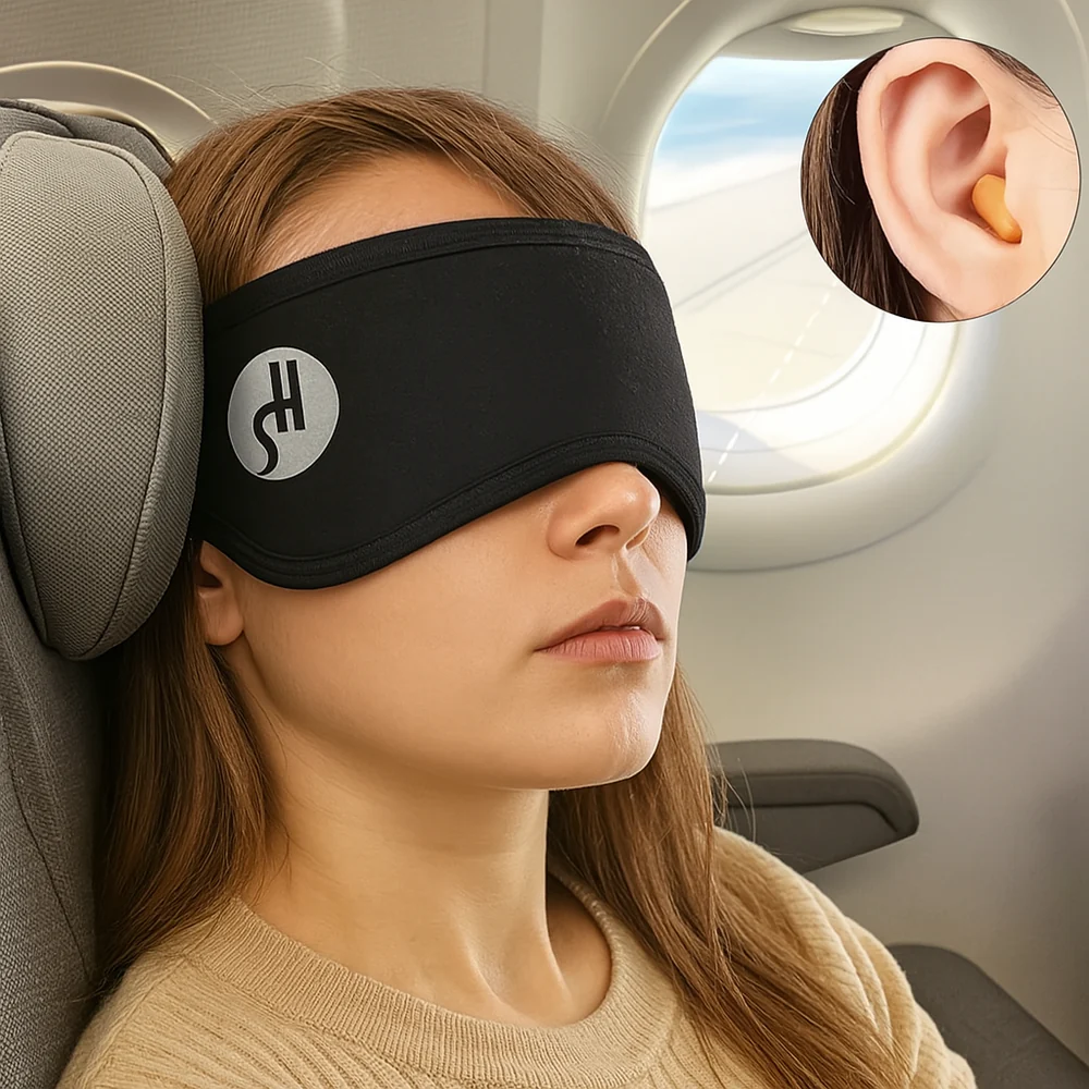 Masque de sommeil anti-bruit en coton doux, gris clair, avec couvre-oreilles et sangle réglable pour un confort total.